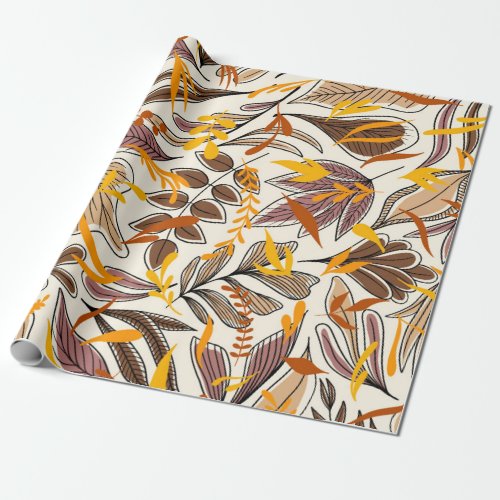 Modern Brown Fall Leaves Illustration Pattern Wrapping Paper