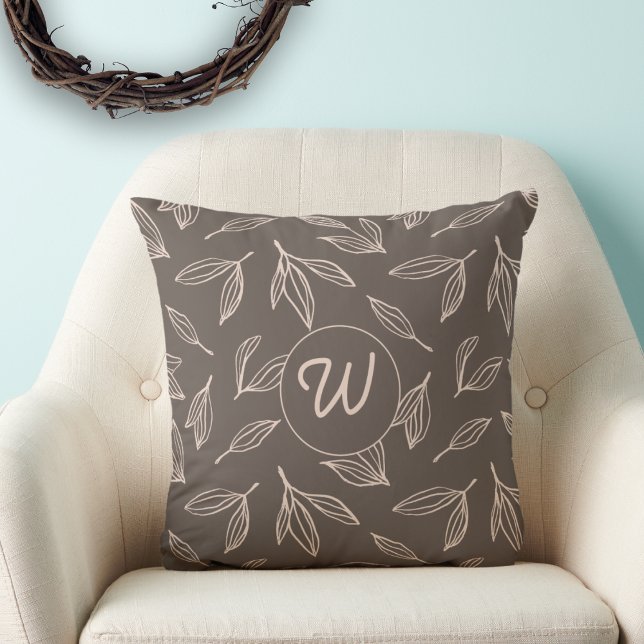 Modern Brown Foliage Monogram  Throw Pillow (Creator Uploaded)