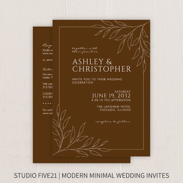 Modern Brown Foliage Outline All-in-One Wedding Invitation (Creator Uploaded)