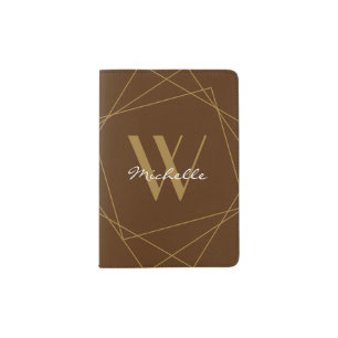 Modern Brown Gold Monogram Script Name Stylish Passport Holder