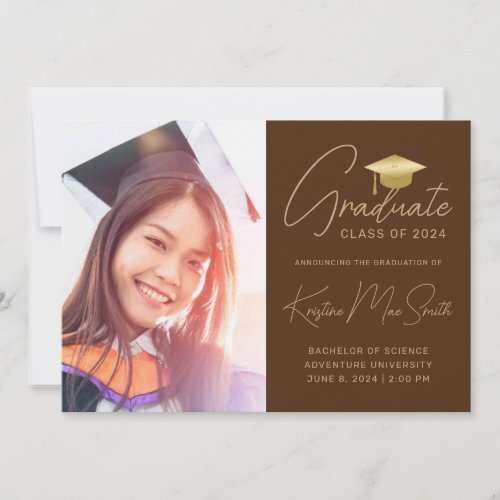 Modern Brown Gold Script Photo College Graduation Announcement