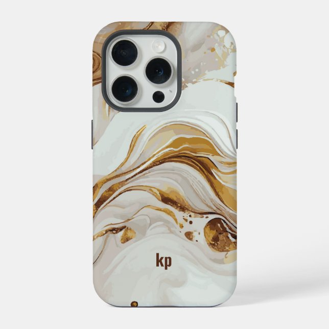 Modern brown gray swirly marble texture monogram iphone case (Back)