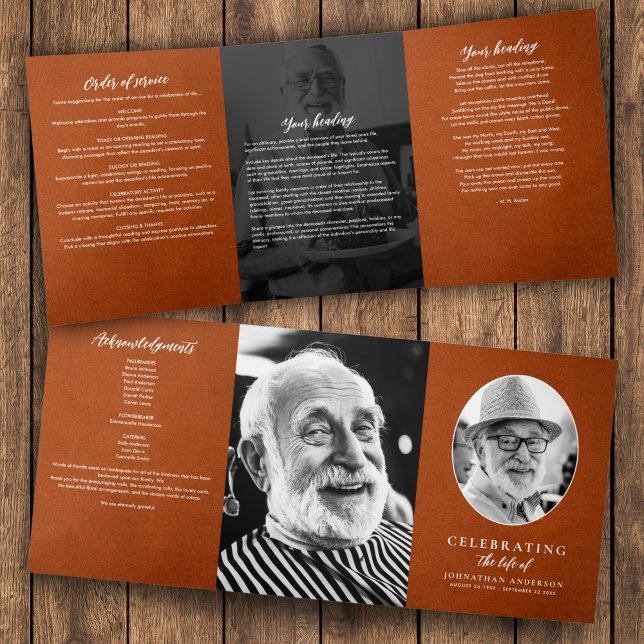 Modern Brown Leather 3-Photo Funeral/Memorial Tri-Fold Program (Creator Uploaded)