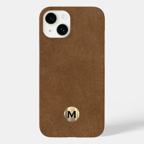 Modern Brown Leather Brushed Gold Monogram Case_Mate iPhone 14 Case