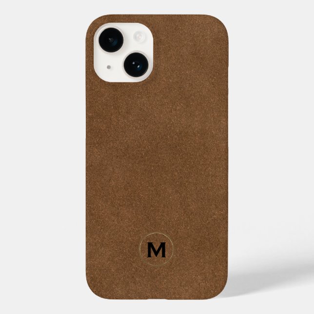 Modern Brown Leather Brushed Gold Monogram Case-Mate iPhone Case (Back)