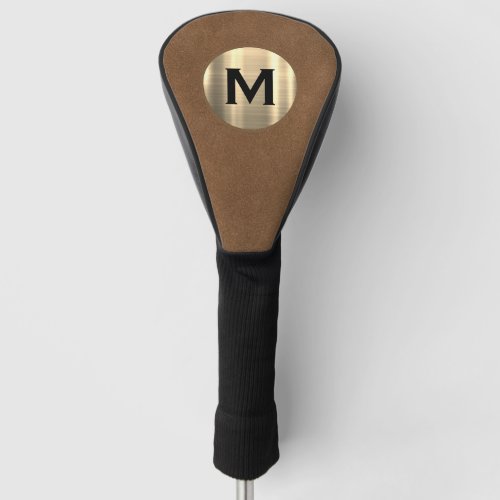 Modern Brown Leather Brushed Gold Monogram Golf Head Cover