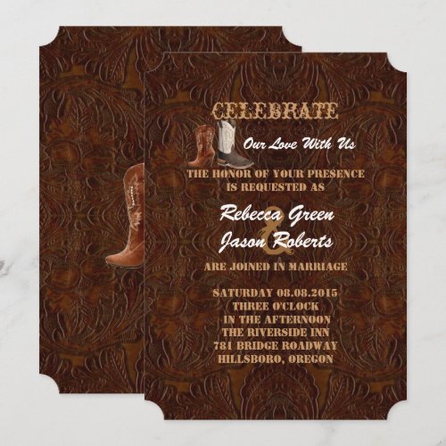modern brown leather cowboy boots country wedding invites