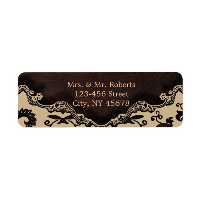 modern brown leather damask country wedding label (Front)