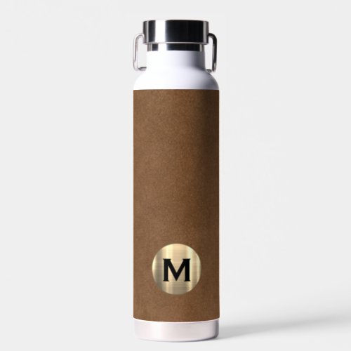 Modern Brown Leather Gold Monogram Water Bottle