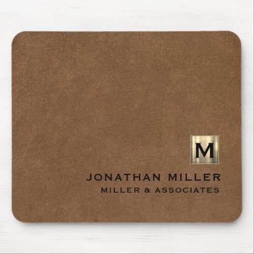 Modern Brown Leather Luxury Gold Initial Logo Mouse Pad