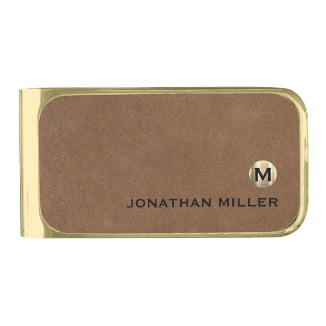 Modern Brown Leather Luxury Gold Monogram Finish Money Clip (Front)