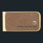 Modern Brown Leather Luxury Gold Monogram Gold Finish Money Clip<br><div class="desc">Modern money clip design features a brushed metallic gold monogram with your initial and name in classic block typography on a brown distressed leather texture background for a simple,  stylish professional look.</div>