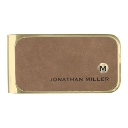 Modern Brown Leather Luxury Gold Monogram Gold Finish Money Clip