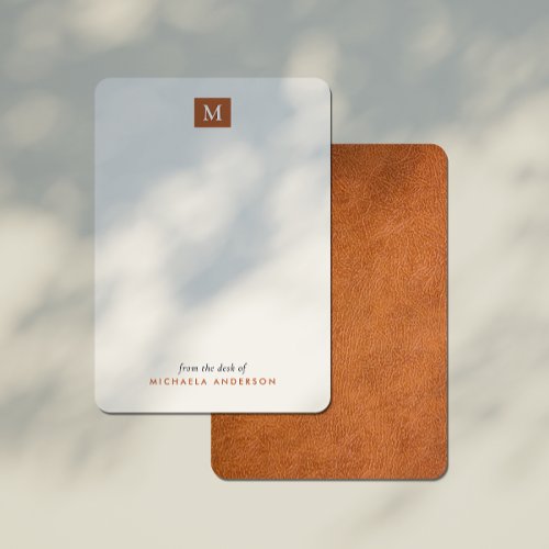 Modern Brown Leather Monogram  Name Note Card