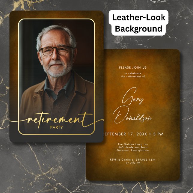 Modern Brown Leather Photo Retirement Party Foil Invitation (Modern Brown Leather Photo Retirement Party Foil Invitation)