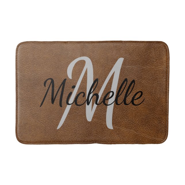 Modern Brown leather Typography & Name Monogram Bath Mat (Front)