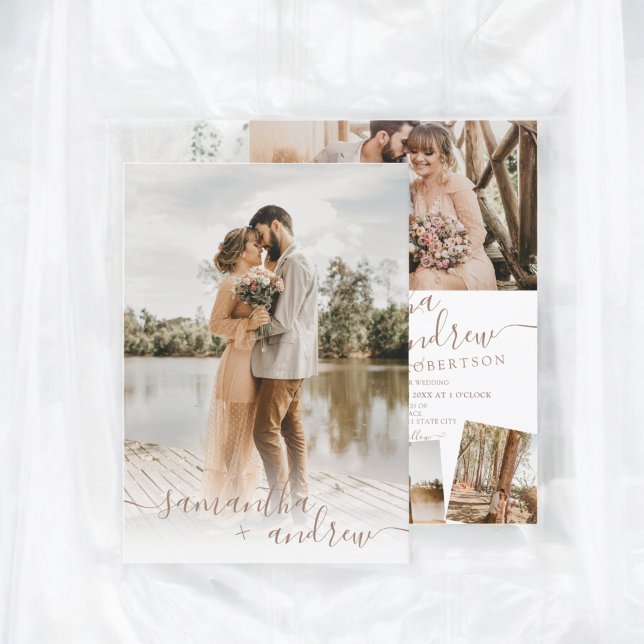 Modern brown minimalist script 5 photos wedding invitation (Modern brown minimalist script 5 photos wedding invitation)