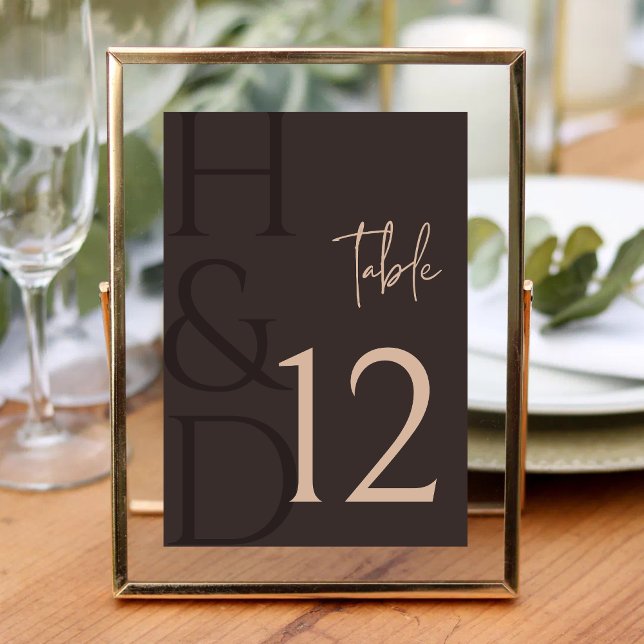 Modern Brown Monogram Minimalist Wedding Table Number (Modern brown monogram table number adds a warm, minimalist touch to reception tables.)