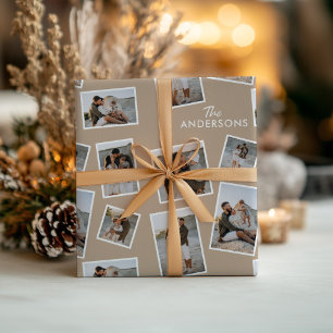 Modern brown Multi Photo Family Collage Wrapping Paper