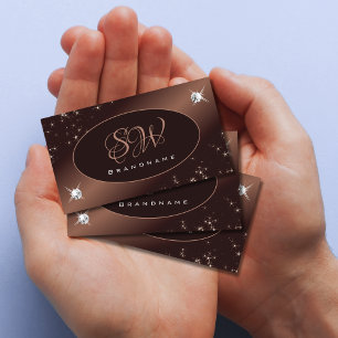 Modern Brown Ombre Glitter Stars Diamonds Initials Business Card