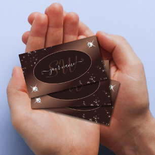 Modern Brown Ombre Glitter Stars Diamonds Monogram Business Card