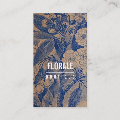 Modern brown paper chic vintage flowers blue paint business card
