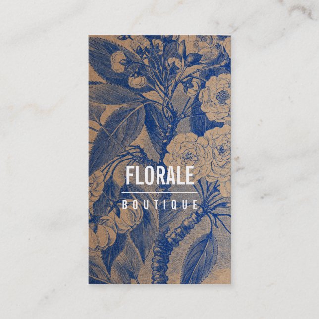 Modern brown paper chic vintage flowers blue paint business card (Front)