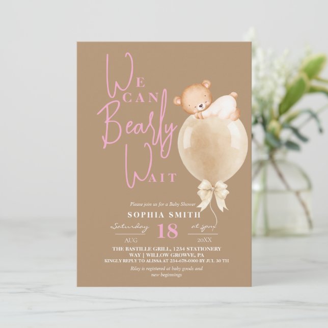  Modern Brown Pink Bear Balloon Baby Shower Invitation (Standing Front)