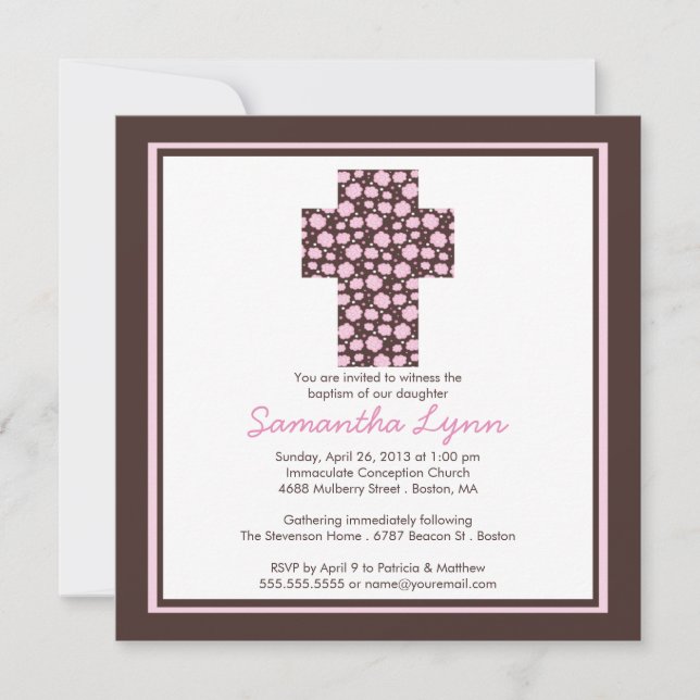 Modern Brown Pink Cross Girls Baptism Invitation (Front)