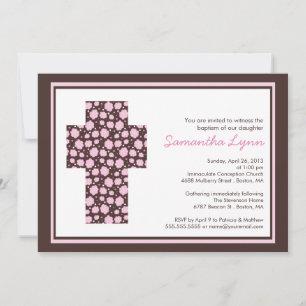 Modern Brown Pink Cross Girls Baptism Invitation