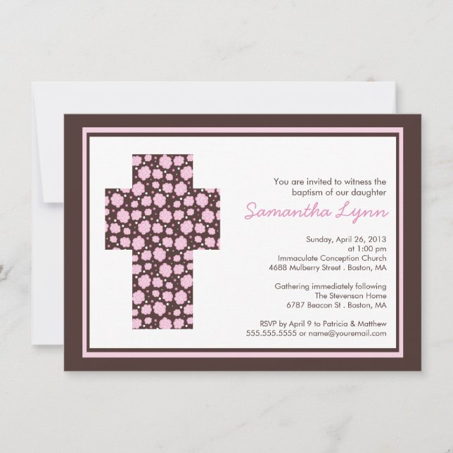 Modern Brown Pink Cross Girls Baptism Invitation (Front)