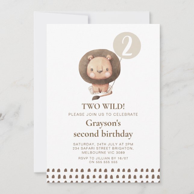 Modern Brown Safari Lion Two Wild 2nd Birthday Invitation (Front)
