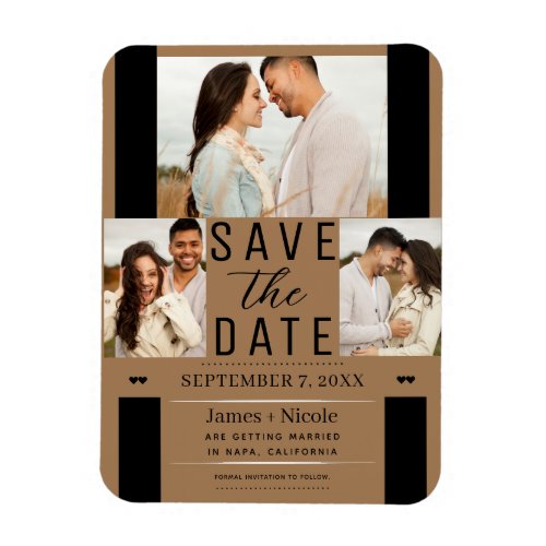 Modern Brown Save the Date 3 Photo Wedding  Magnet