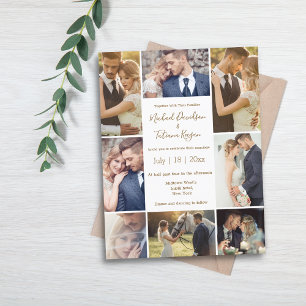 modern brown script 8 photos collage wedding  invitation