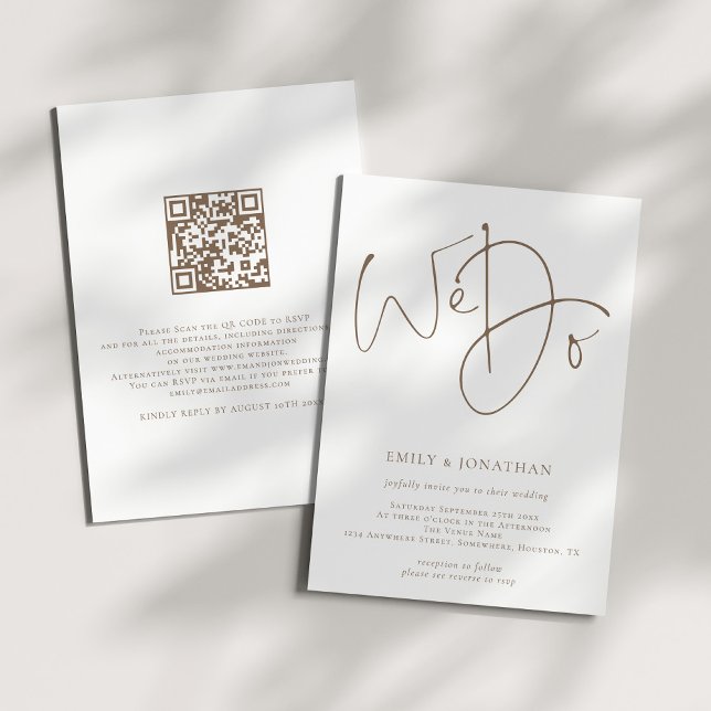 Modern Brown Script We Do QR Code Wedding Invitation (Front and back view)