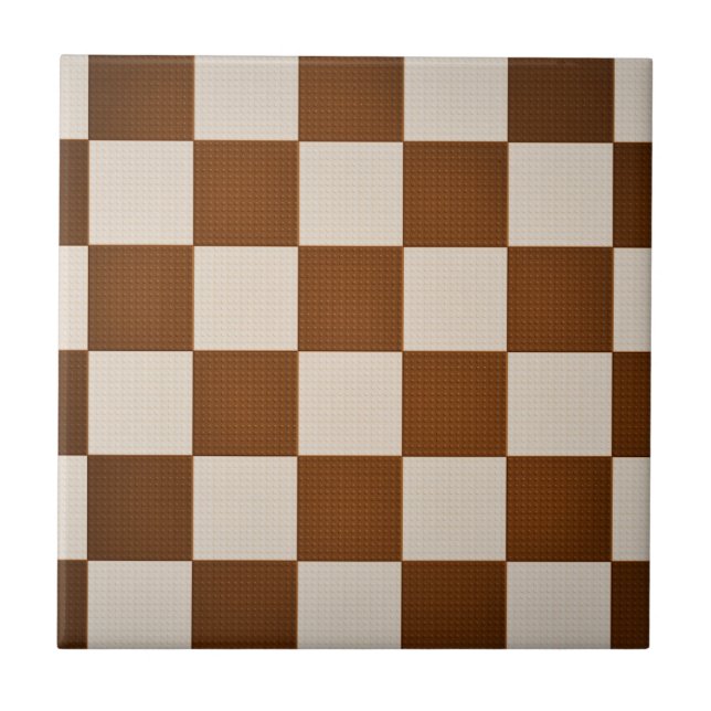 Modern Brown & Seashell Geometric Checker Pattern Ceramic Tile (Front)
