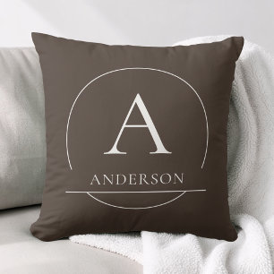 Modern Brown Simple Initial Family Name Monogram Throw Pillow