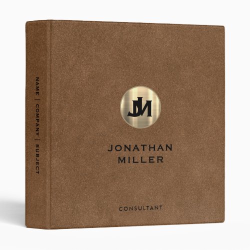 Modern Brown Suede Brushed Gold Monogram 3 Ring Binder