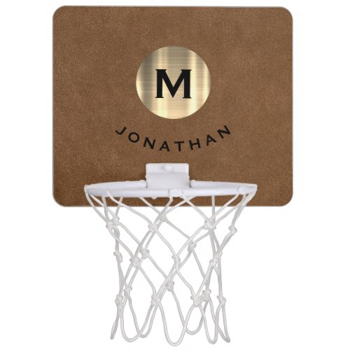 Modern Brown Suede Brushed Gold Monogram Mini Basketball Hoop