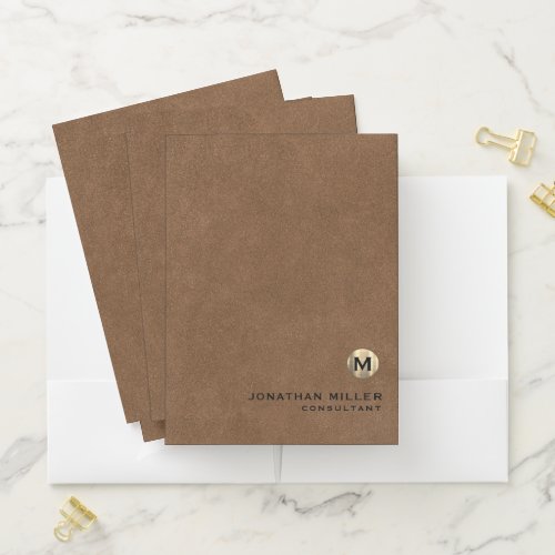 Modern Brown Suede Brushed Gold Monogram Pocket Folder