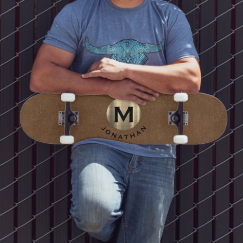 Modern Brown Suede Brushed Gold Monogram Skateboard