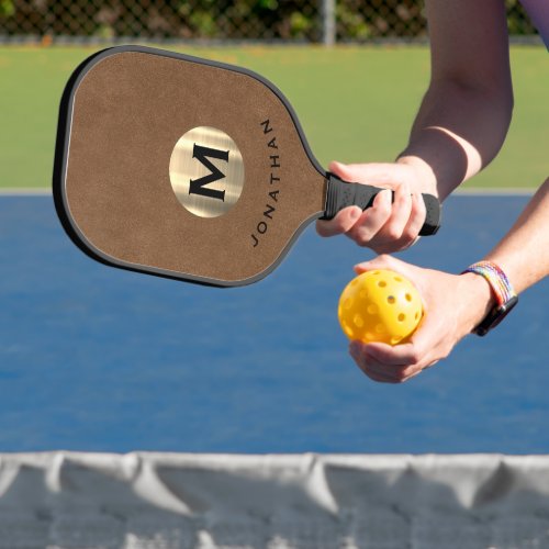 Modern Brown Suede Gold Classic Monogram Pickleball Paddle