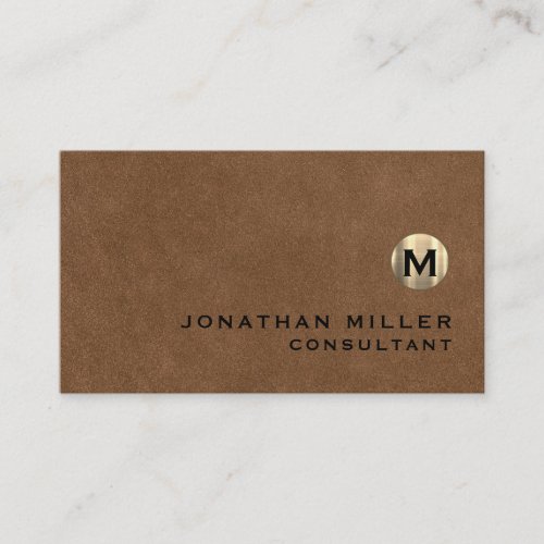 Modern Brown Suede Gold Monogram Business Card