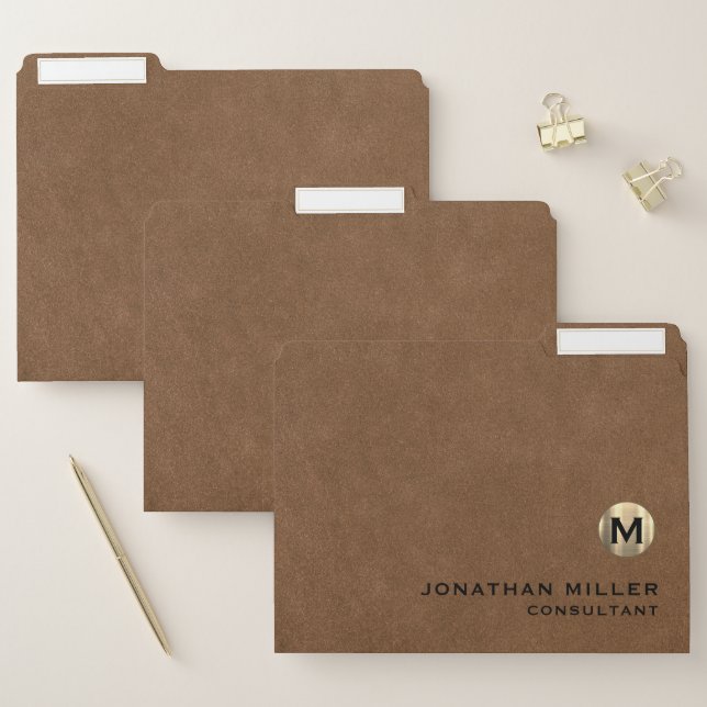 Modern Brown Suede Gold Monogram File Folder (Set)