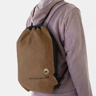 Modern Brown Suede Gold Monogram Name Drawstring Bag