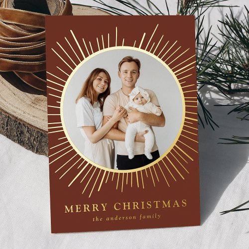 Modern Brown Sunburst Merry Christmas 2 Photo Foil Holiday Card