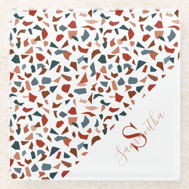 Modern Brown Terrazzo Monogram Glass Coaster (Front)