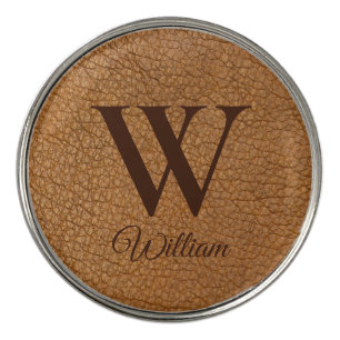 Modern Brown Textured Leather Monogram Classic  Golf Ball Marker