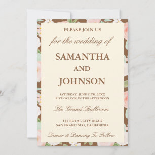 Modern Brown Vintage Ivory Floral Photo Wedding Invitation