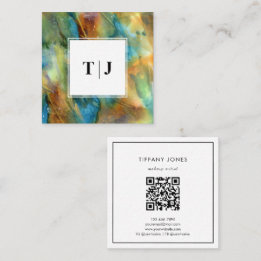 Modern Brown Watercolor Abstract Monogram QR Code Square Business Card